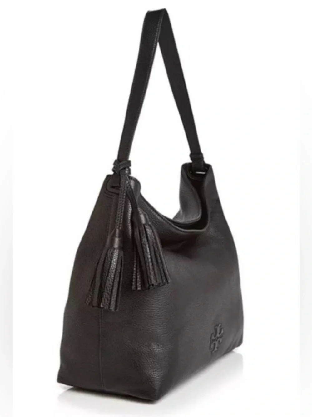 TORY BURCH Black Pebbled Leather Shoulder Hobo with Tassel